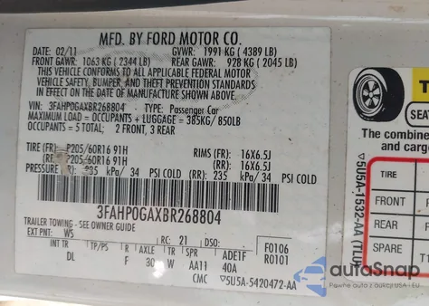 2011 Ford Fusion S z USA, uszkodzony, nr VIN 3FAHP0GAXBR268804